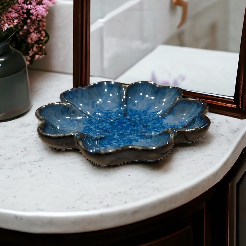 Trinket Dish Stoneware Blue Flower Shape Creative Co-Op Dish  4”